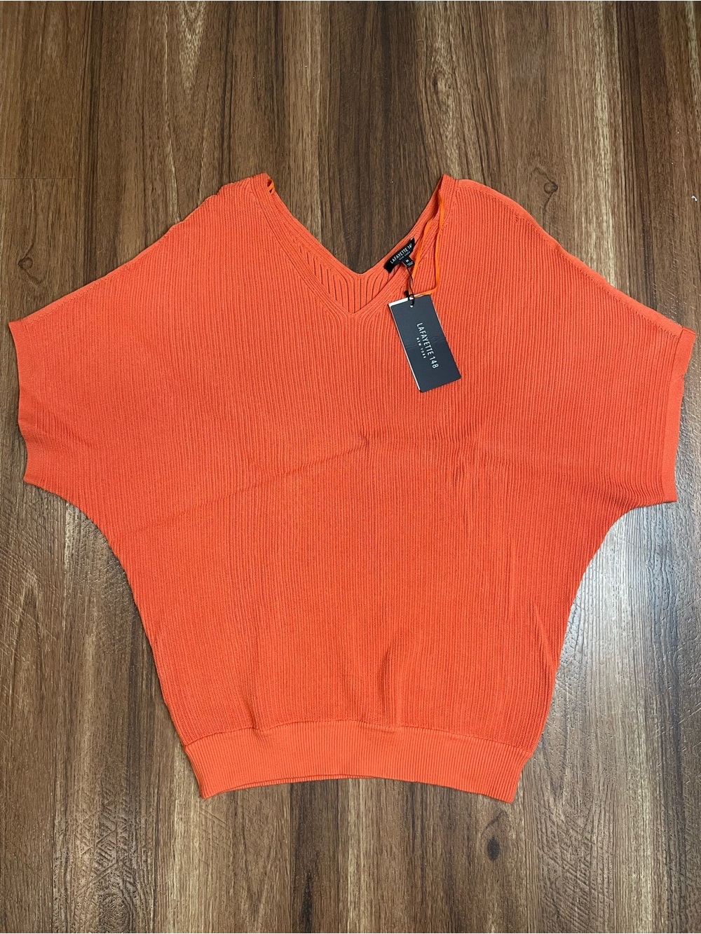 Lafayette 148 New York Coral-Orange V-Neck Rib Knit Top